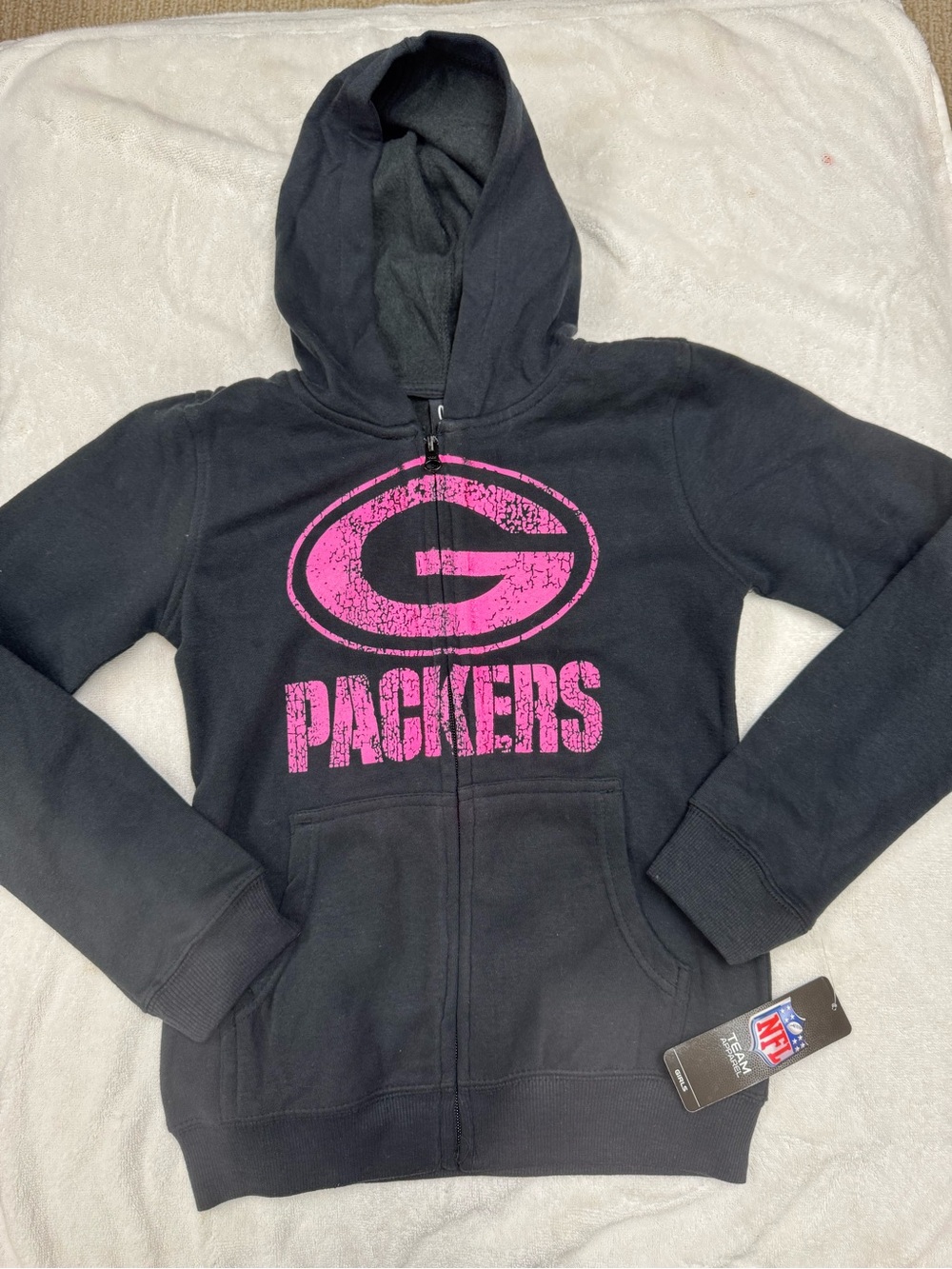 NFL Green Bay Packers Girls Zippered Black Hoodie with Pink Logo